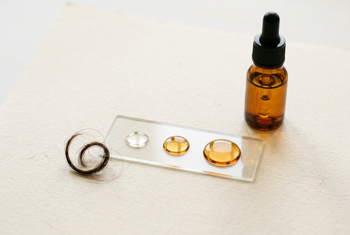 Three drops of oil of increasing size on a glass slide, next to a curl of hair and an amber bottle