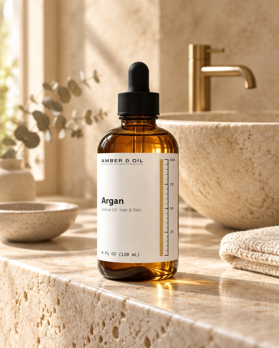 Amber & Oil Argan on bathroom shelf