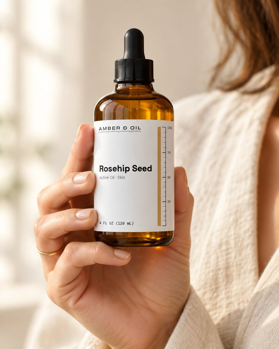 Amber & Oil Rosehip Seed in hand