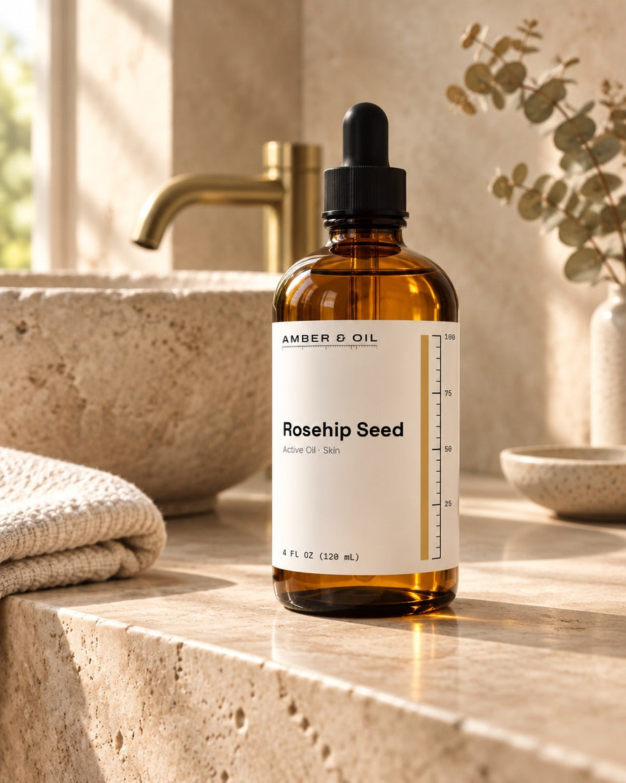 Amber & Oil Rosehip Seed on bathroom shelf