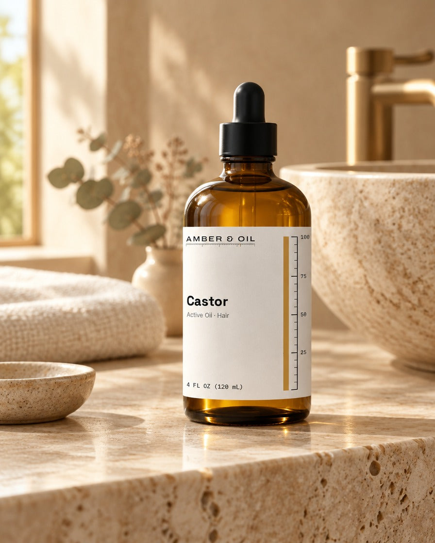 Amber & Oil Castor on bathroom shelf