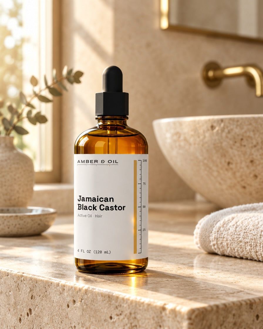 Amber & Oil Jamaican Black Castor on bathroom shelf