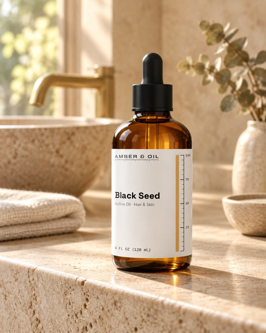 Amber & Oil Black Seed on bathroom shelf