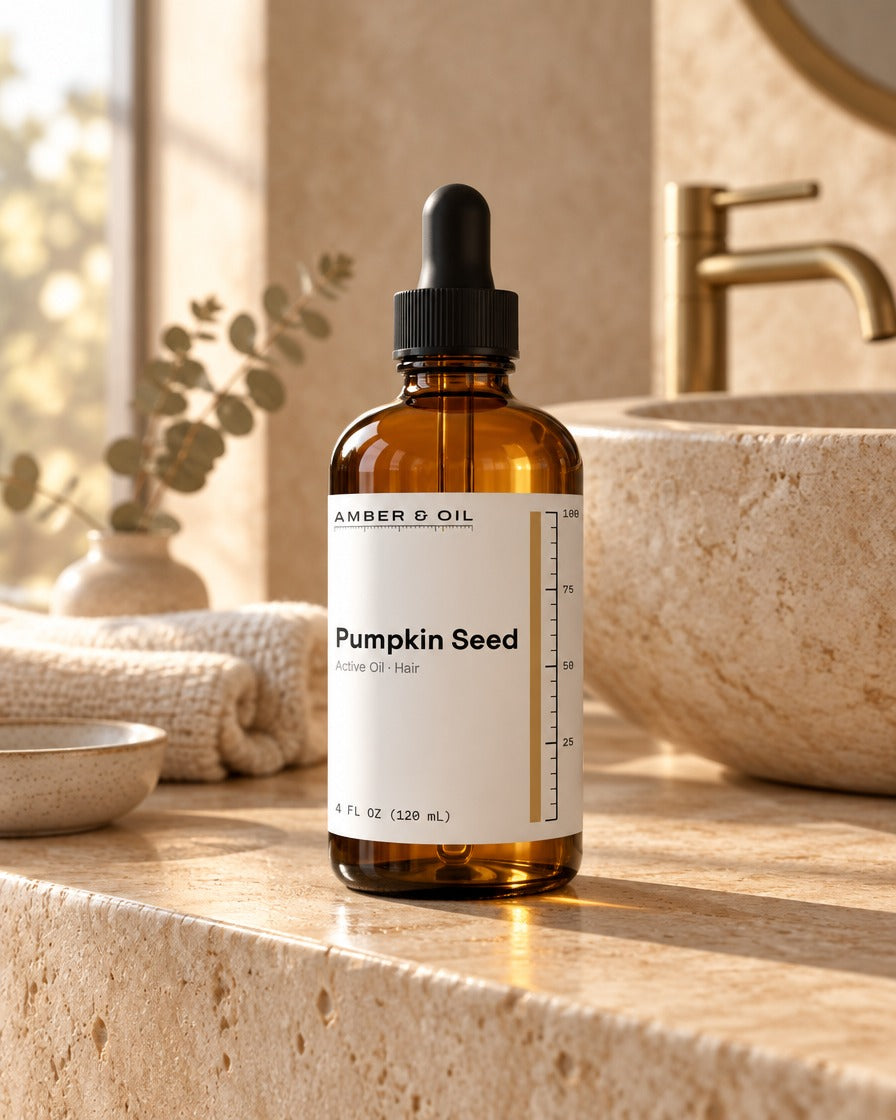 Amber & Oil Pumpkin Seed on bathroom shelf
