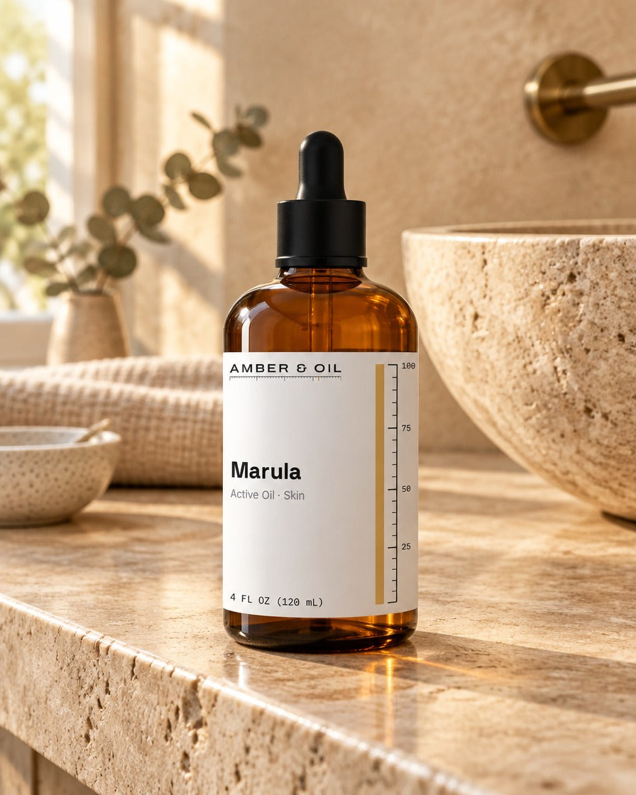 Amber & Oil Marula on bathroom shelf