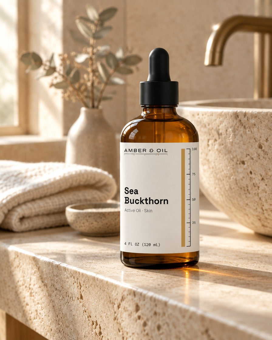 Amber & Oil Sea Buckthorn on bathroom shelf