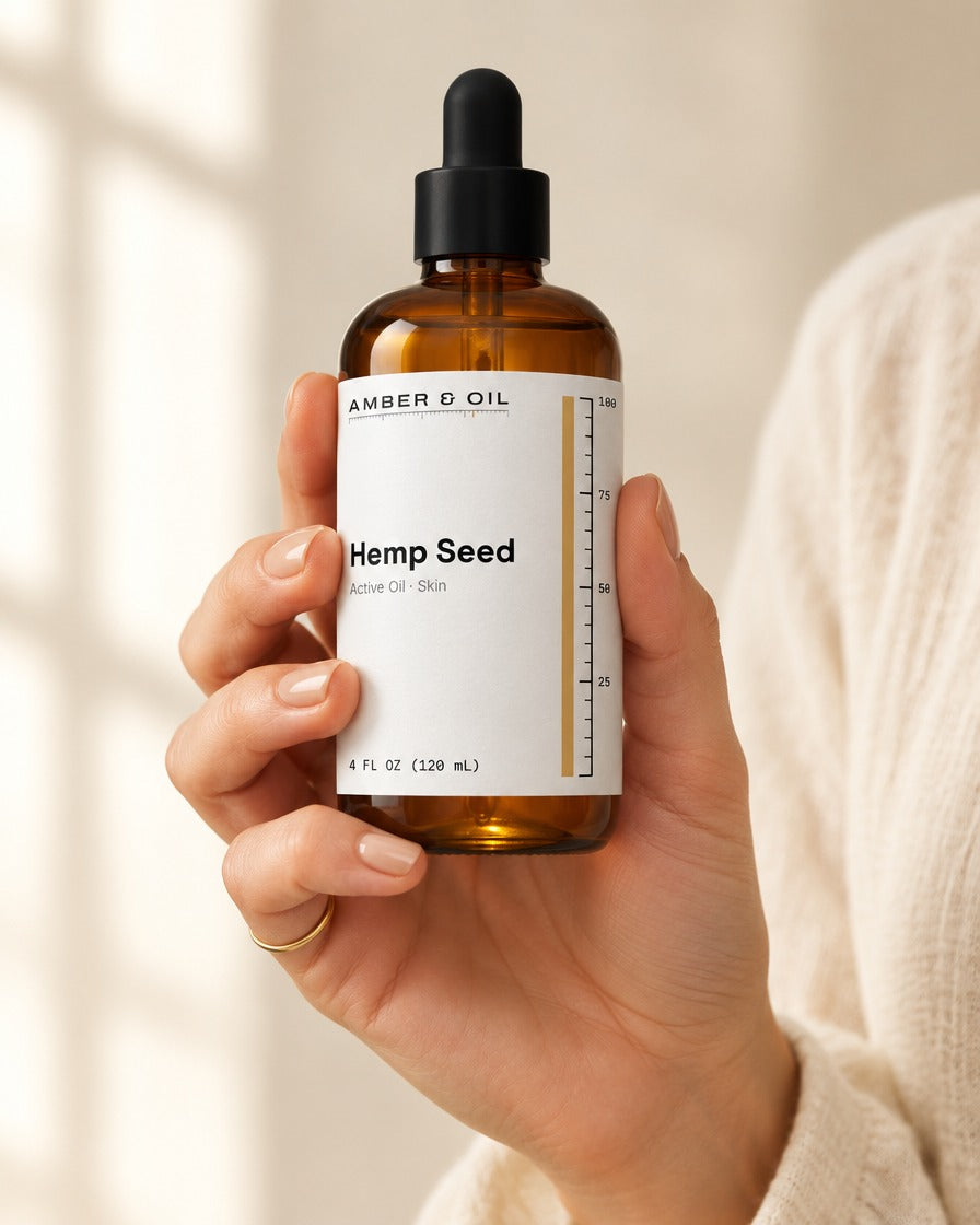 Amber & Oil Hemp Seed in hand