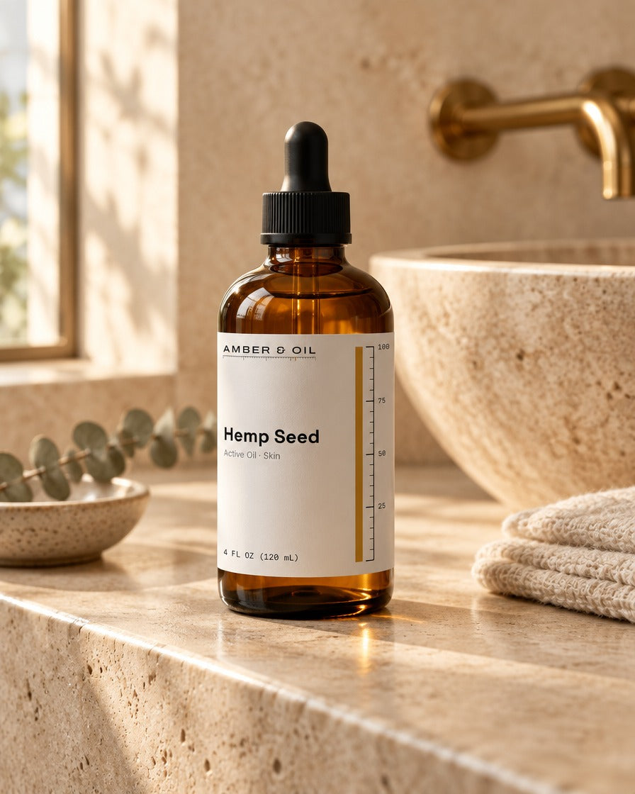 Amber & Oil Hemp Seed on bathroom shelf