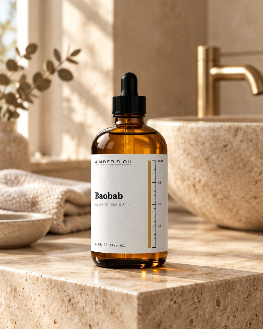 Amber & Oil Baobab on bathroom shelf
