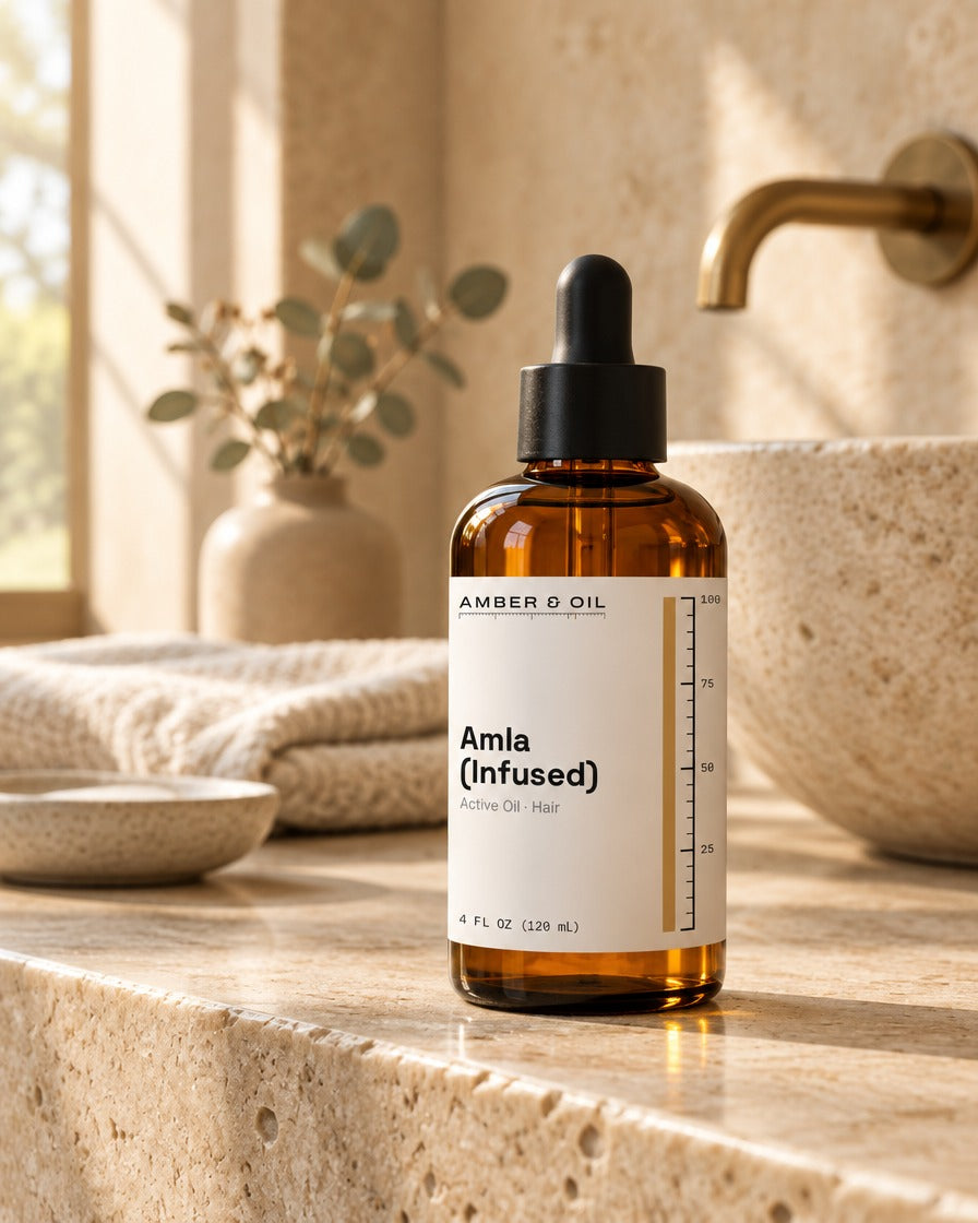 Amber & Oil Amla Infused on bathroom shelf