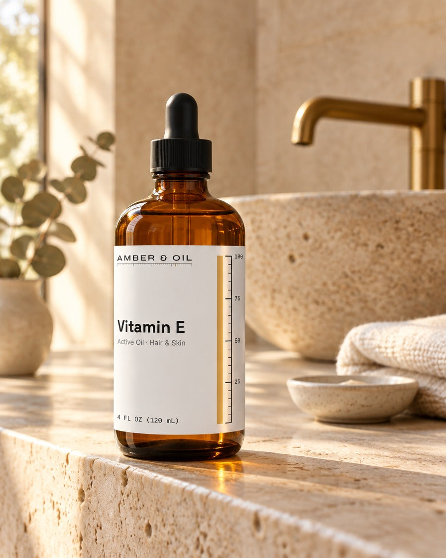 Amber & Oil Vitamin E on bathroom shelf