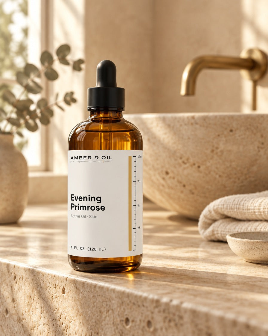 Amber & Oil Evening Primrose on bathroom shelf