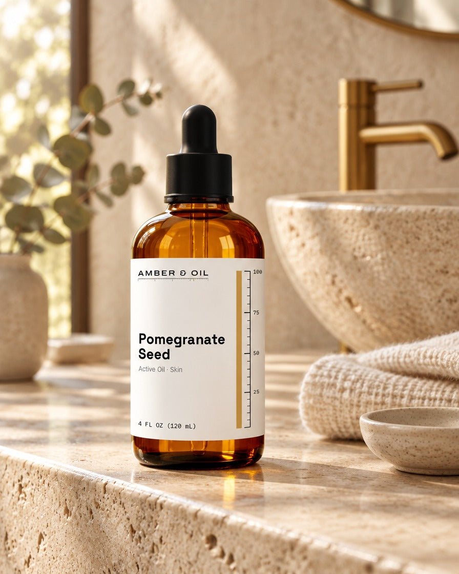 Amber & Oil Pomegranate Seed on bathroom shelf