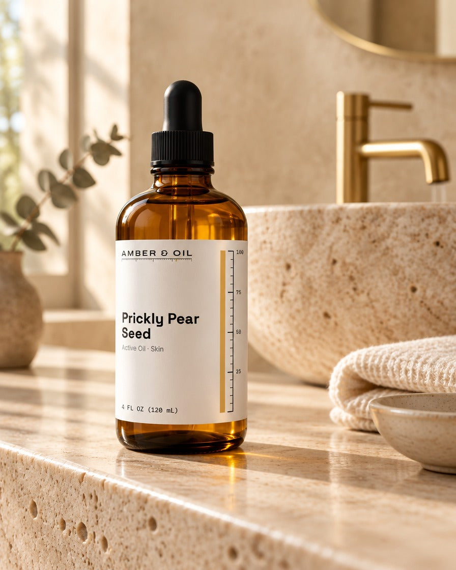 Amber & Oil Prickly Pear Seed on bathroom shelf