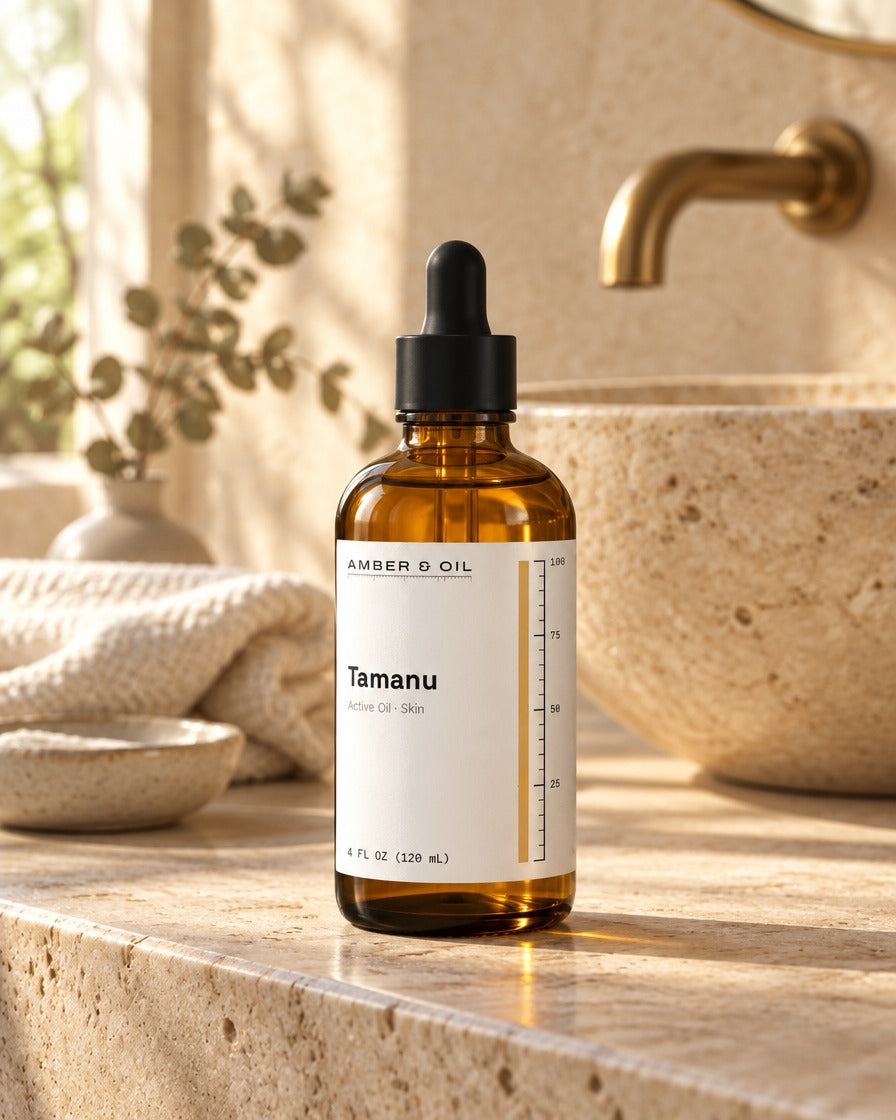 Amber & Oil Tamanu on bathroom shelf