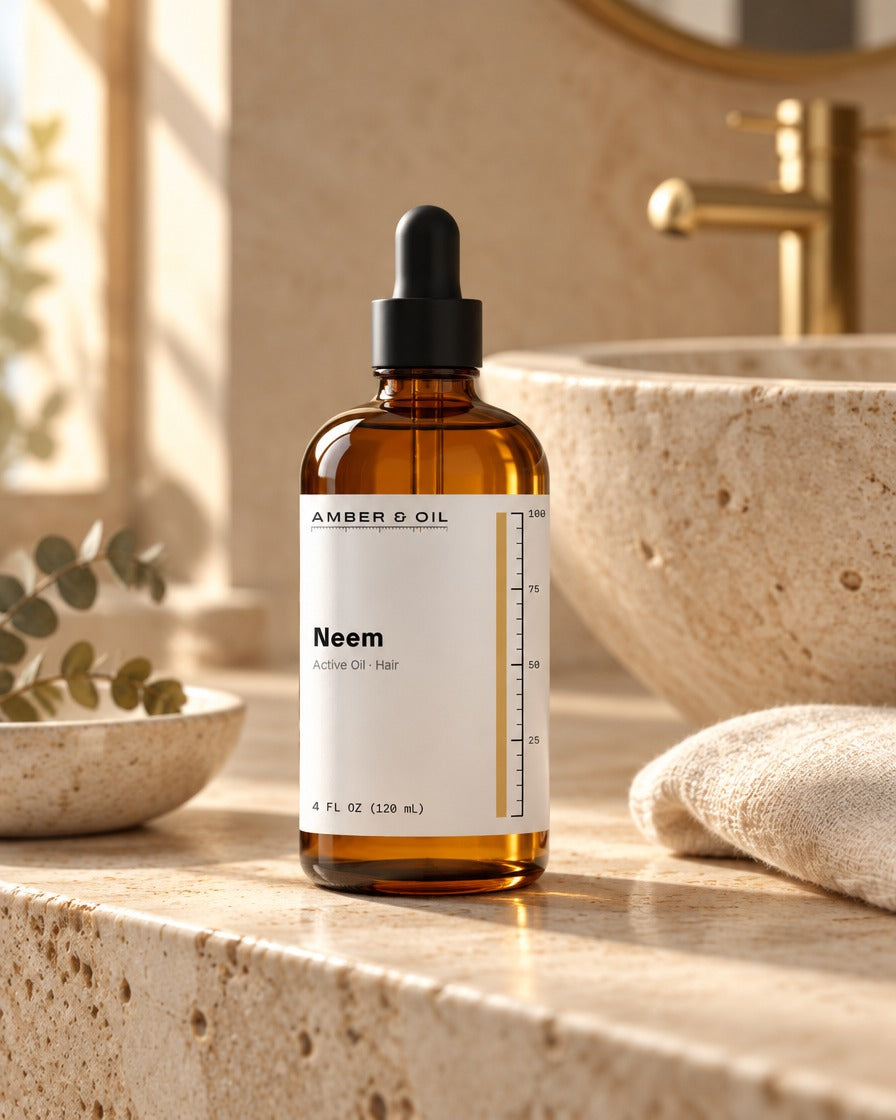 Amber & Oil Neem on bathroom shelf