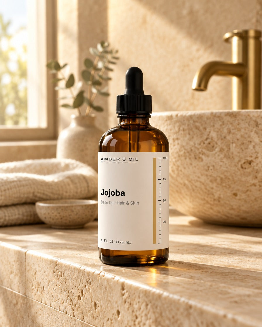Amber & Oil Jojoba on bathroom shelf