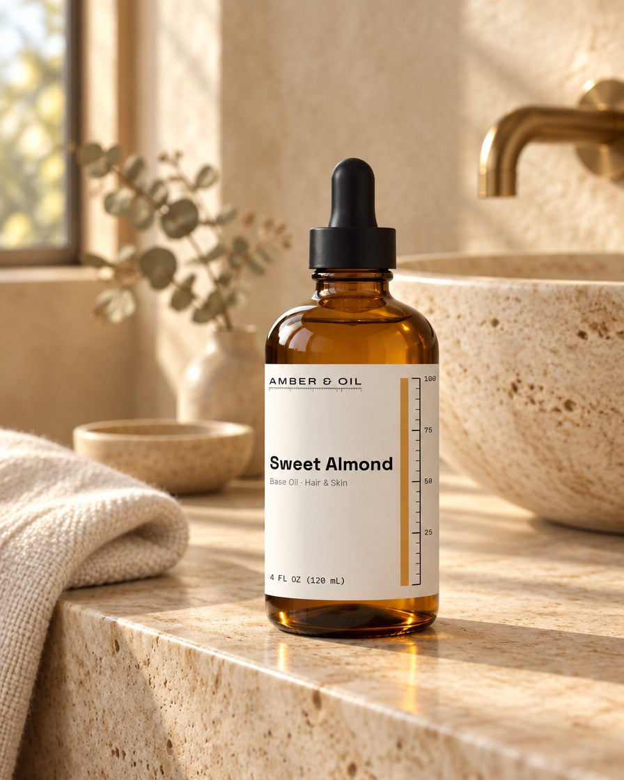 Amber & Oil Sweet Almond on bathroom shelf