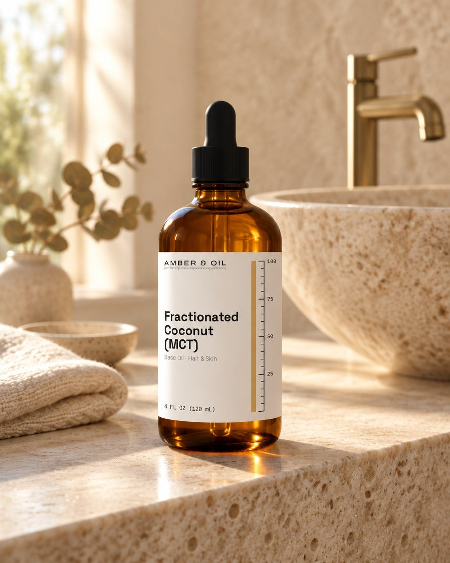 Amber & Oil Fractionated Coconut MCT on bathroom shelf