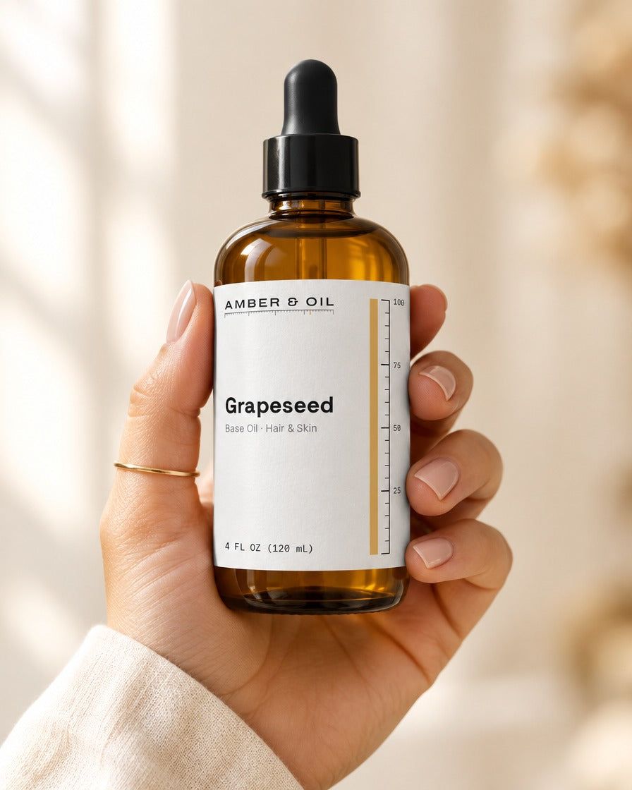 Amber & Oil Grapeseed in hand