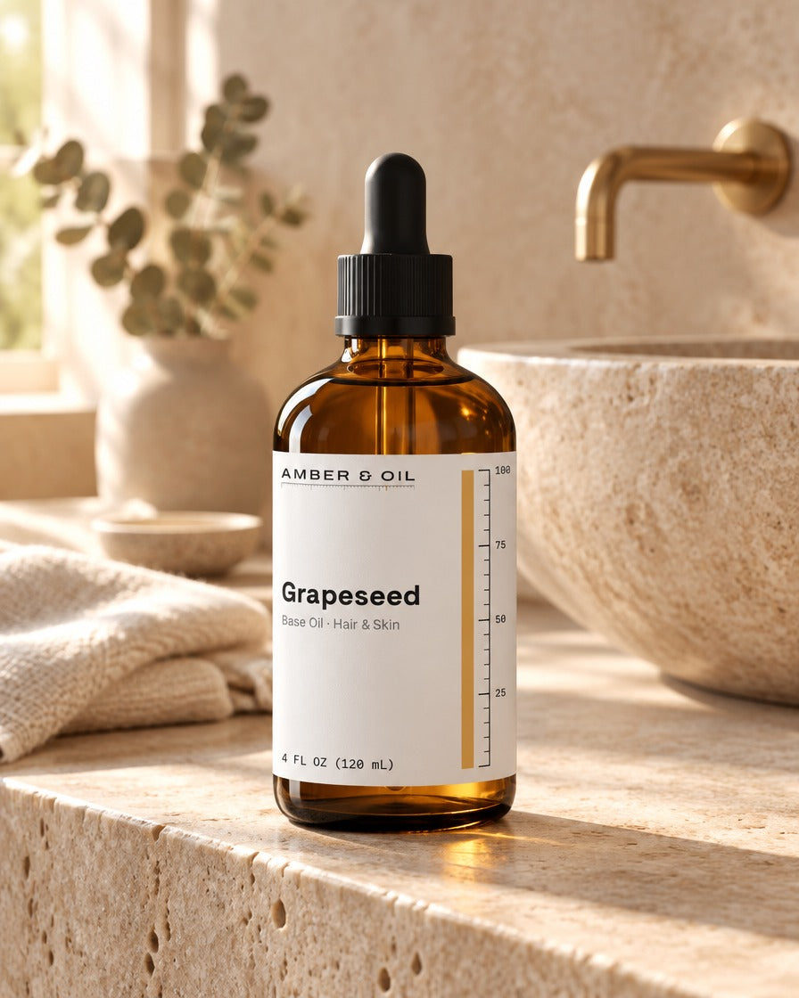 Amber & Oil Grapeseed on bathroom shelf