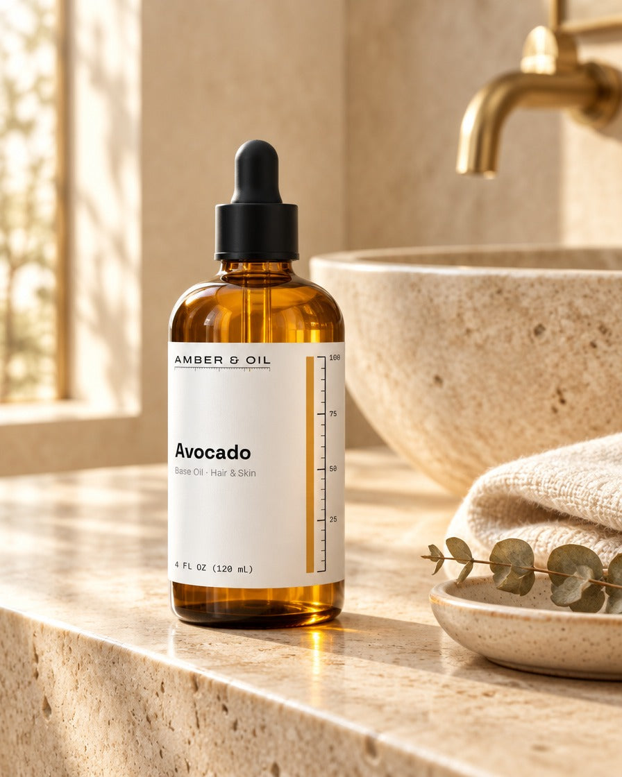 Amber & Oil Avocado on bathroom shelf