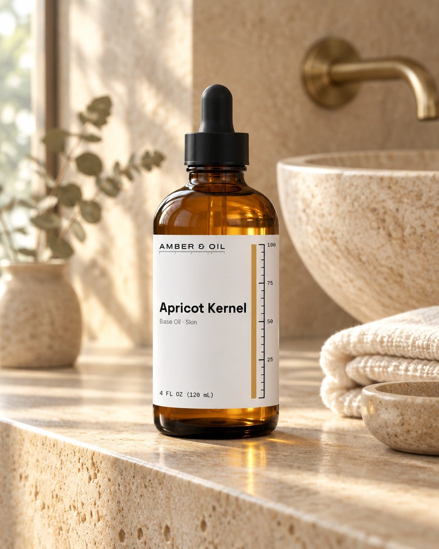 Amber & Oil Apricot Kernel on bathroom shelf