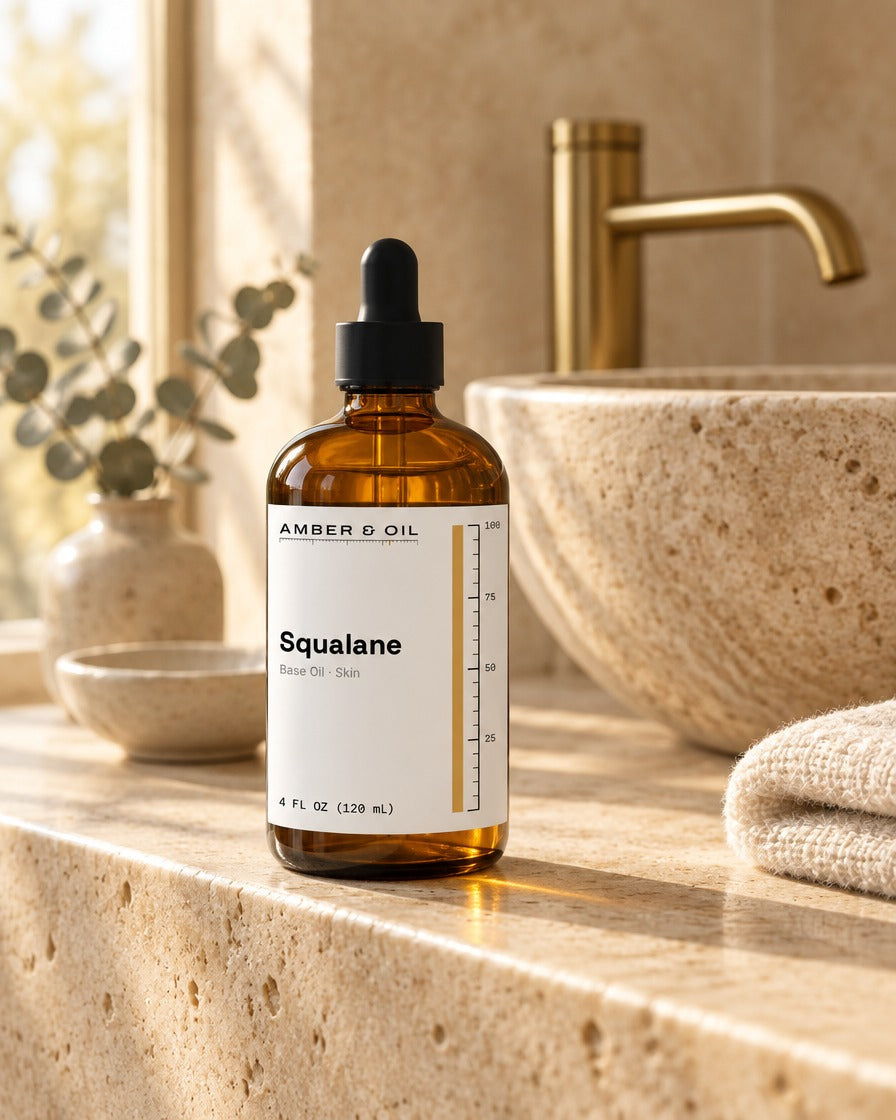 Amber & Oil Squalane on bathroom shelf