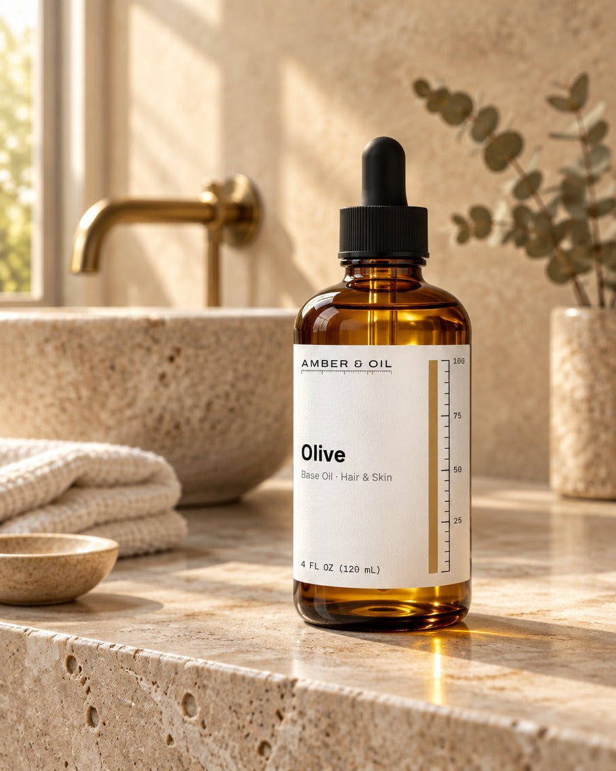 Amber & Oil Olive on bathroom shelf