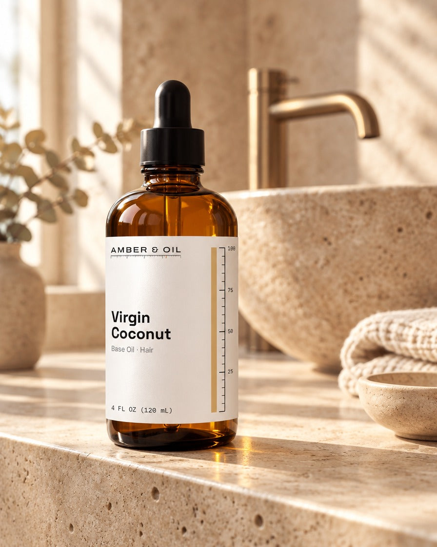 Amber & Oil Virgin Coconut on bathroom shelf