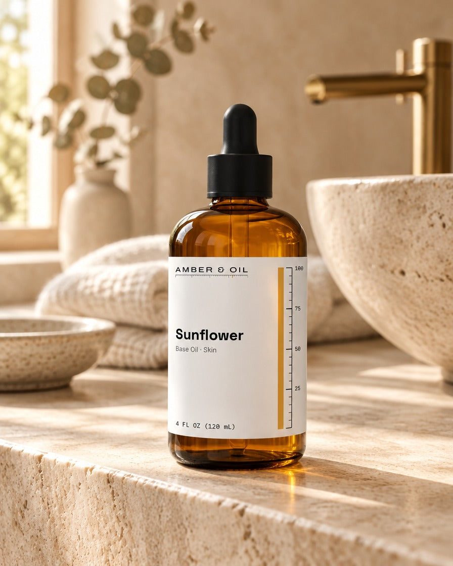 Amber & Oil Sunflower on bathroom shelf
