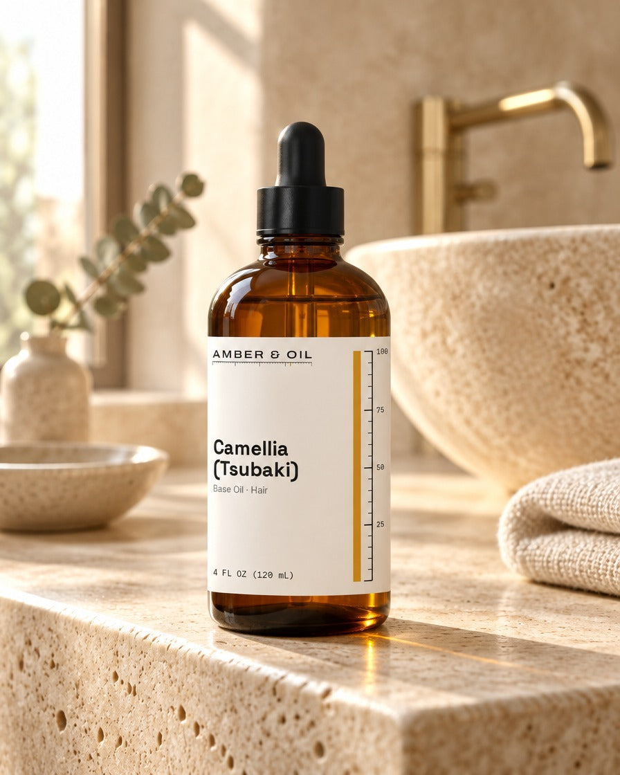Amber & Oil Camellia Tsubaki on bathroom shelf