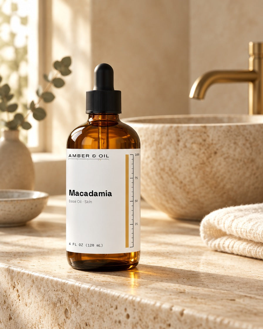 Amber & Oil Macadamia on bathroom shelf