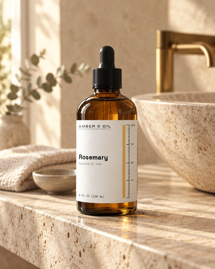 Amber & Oil Rosemary on bathroom shelf