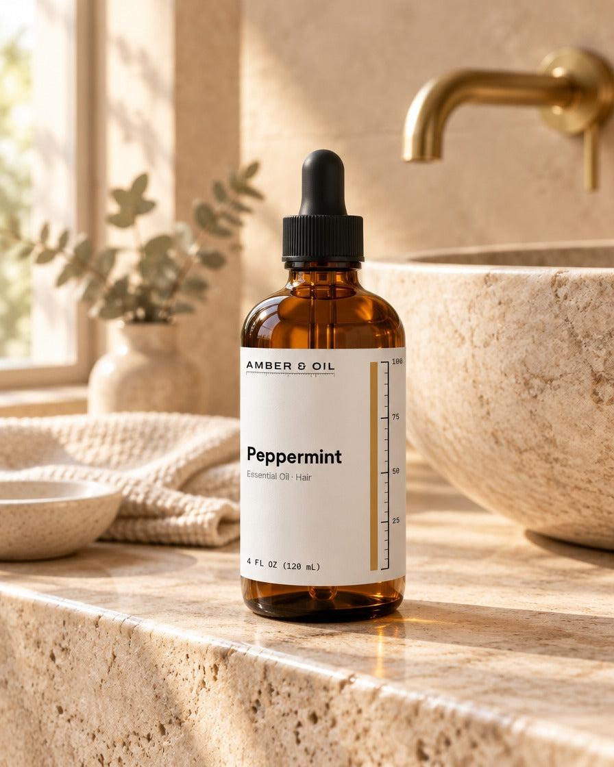 Amber & Oil Peppermint on bathroom shelf