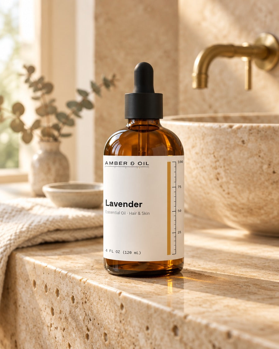 Amber & Oil Lavender on bathroom shelf