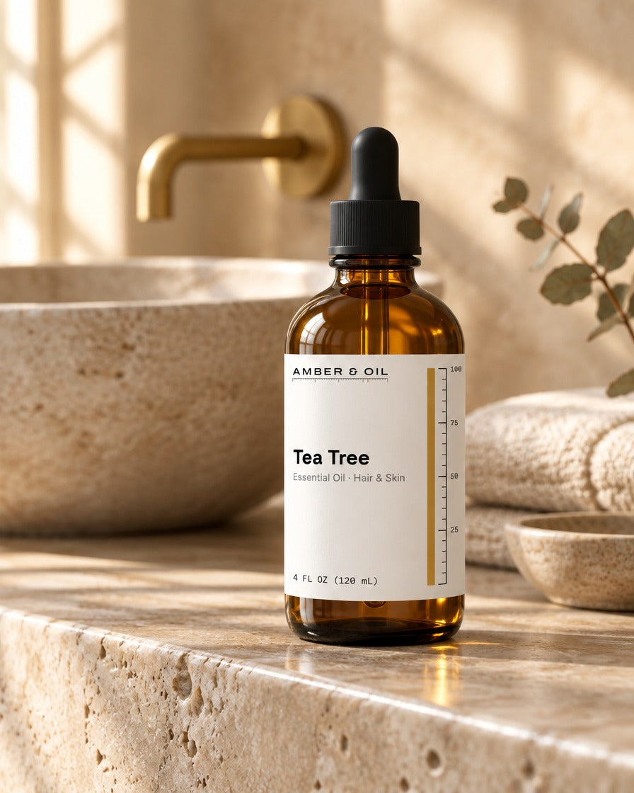 Amber & Oil Tea Tree on bathroom shelf