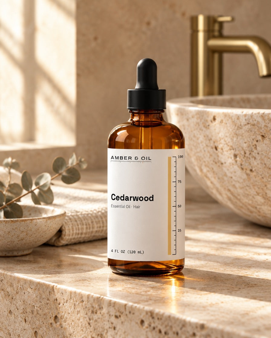 Amber & Oil Cedarwood on bathroom shelf
