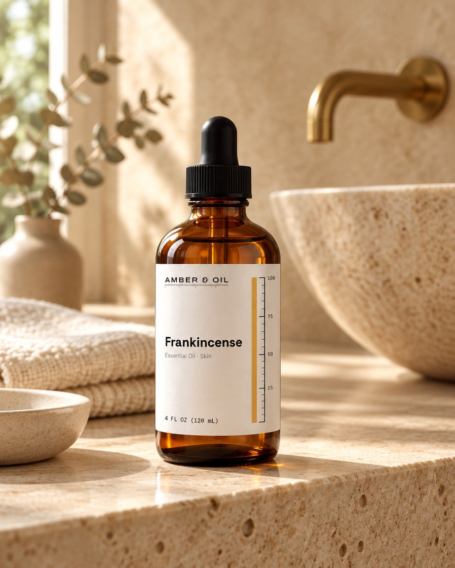 Amber & Oil Frankincense on bathroom shelf