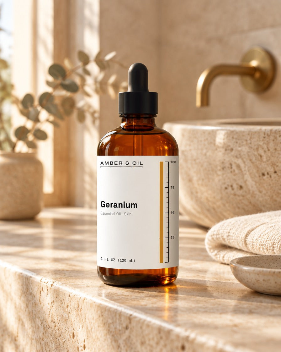 Amber & Oil Geranium on bathroom shelf