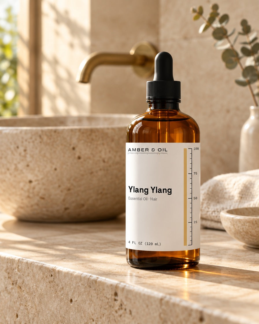 Amber & Oil Ylang Ylang on bathroom shelf