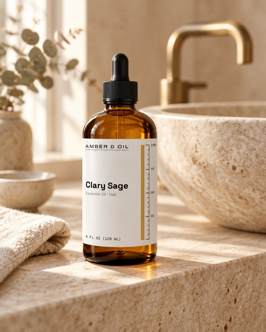 Amber & Oil Clary Sage on bathroom shelf