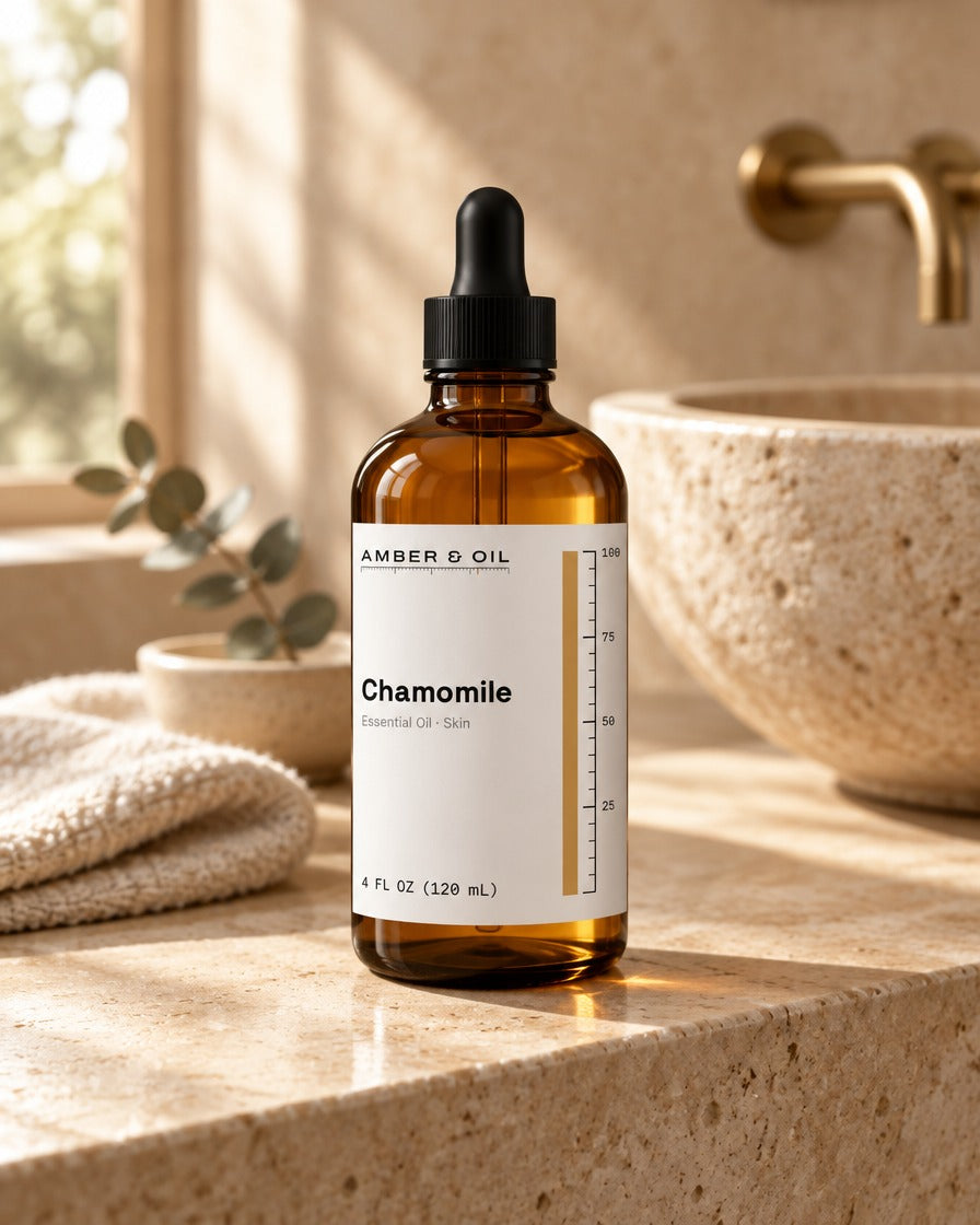 Amber & Oil Chamomile on bathroom shelf