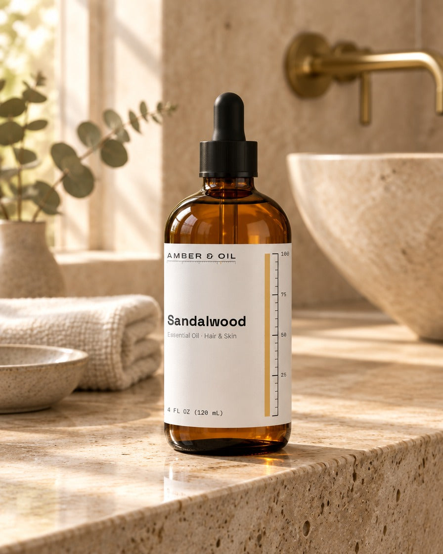 Amber & Oil Sandalwood on bathroom shelf