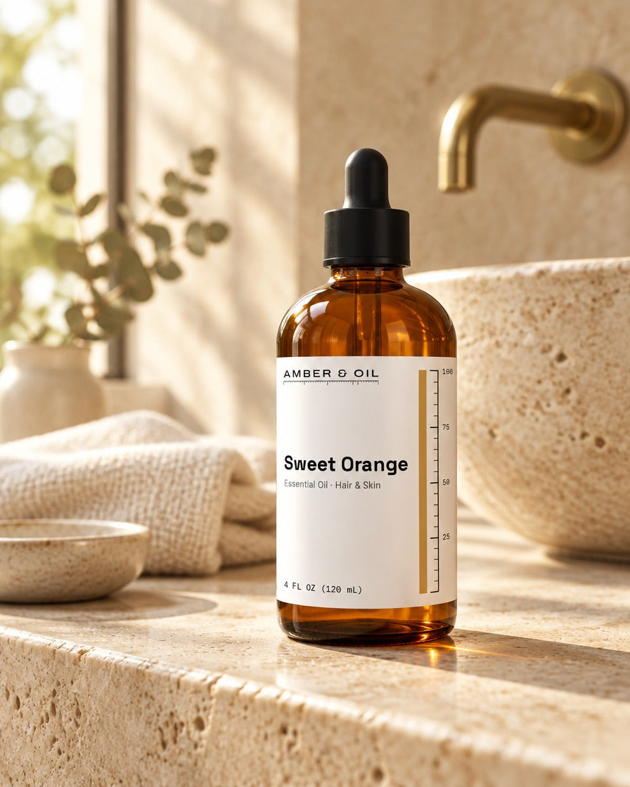 Amber & Oil Sweet Orange on bathroom shelf