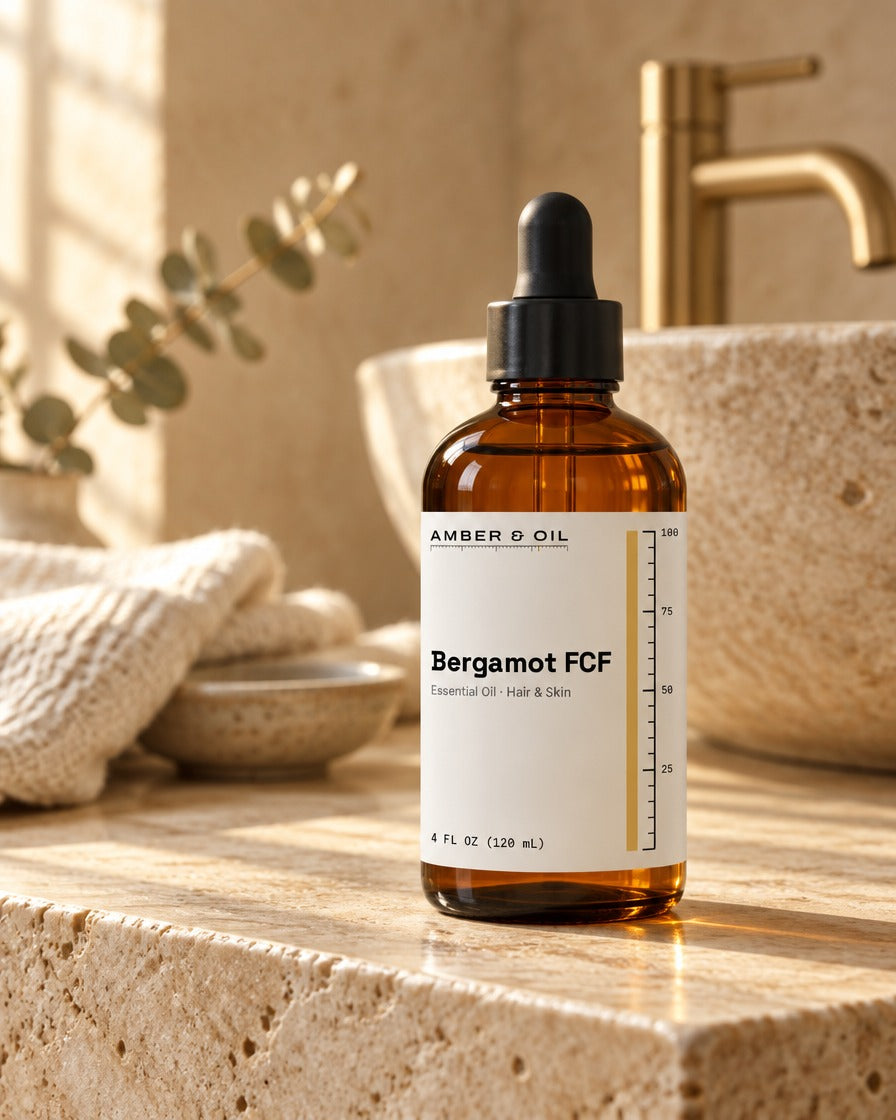 Amber & Oil Bergamot FCF on bathroom shelf