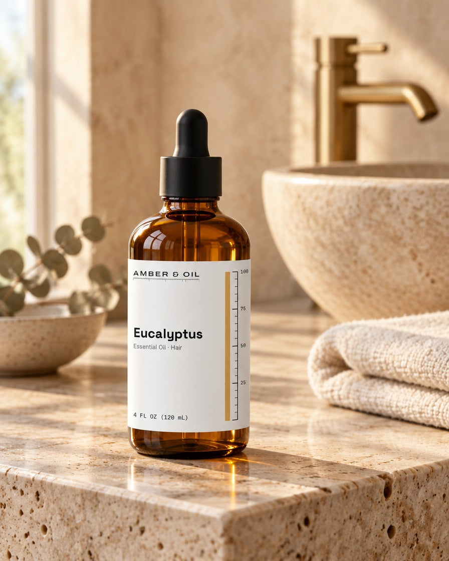 Amber & Oil Eucalyptus on bathroom shelf