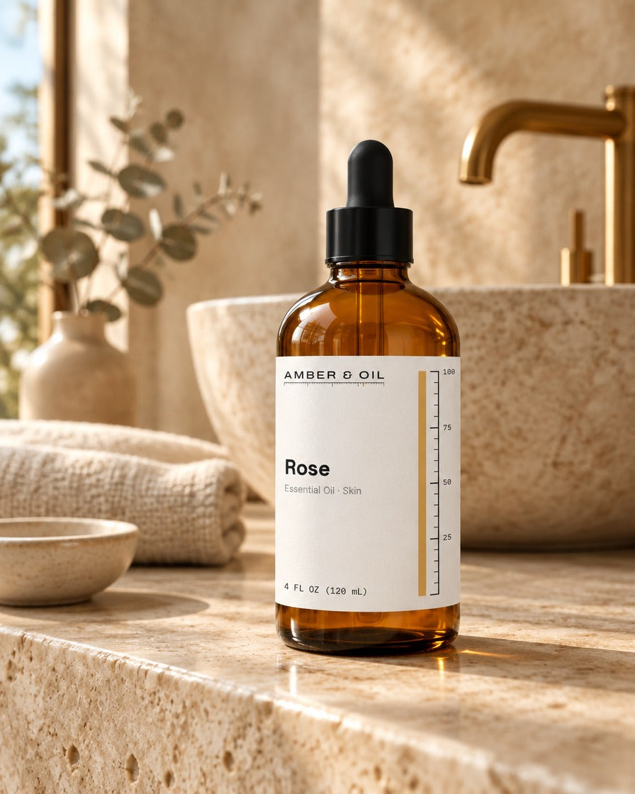 Amber & Oil Rose on bathroom shelf