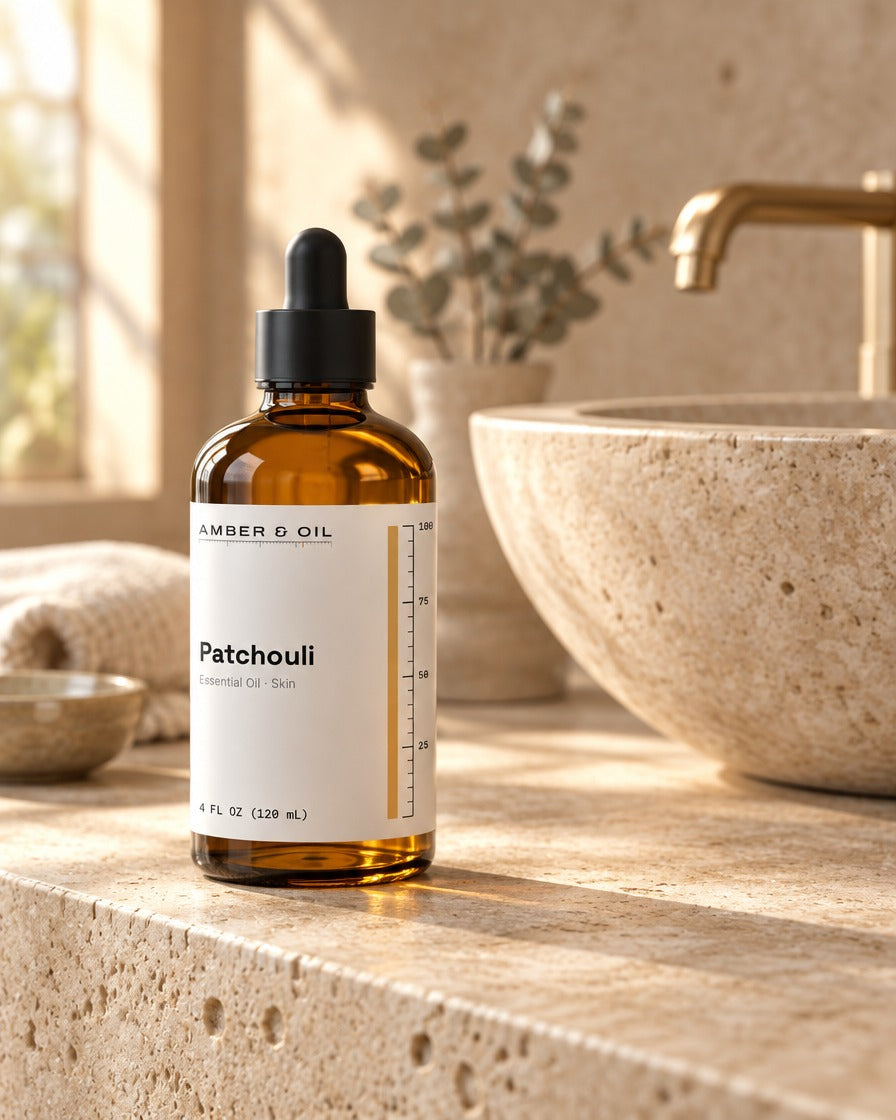 Amber & Oil Patchouli on bathroom shelf