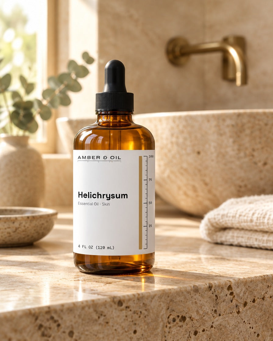 Amber & Oil Helichrysum on bathroom shelf